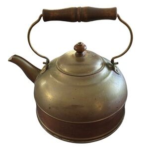 VTG Revere Ware Brass Copper Tea Pot Wood Handle Patina Collectible 7”W 8.5”H